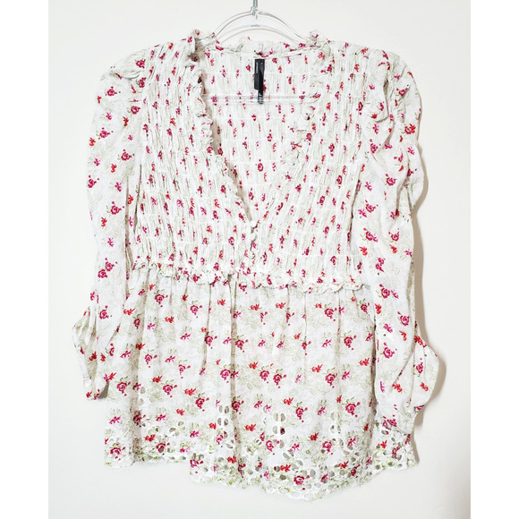 Anthropologie Womens Top Small Smocked Ruched Puff Sleeve Feminine Floral Lace - Picture 12 of 12